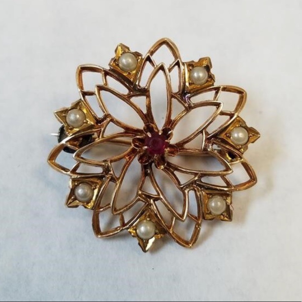 Vintage Solid 10K Seed Pearl & Faux Stone Brooch